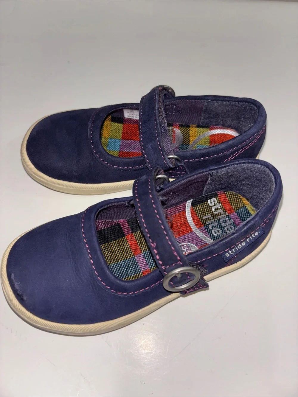 Stride Rite Navy Mary Jane Shoes with Plaid Insole